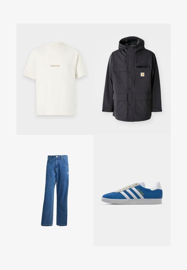 Črna kapuča jakna z gladkim materialom, ki ima več sprednjih žepov, žep na prsih z zadrgo in logo na obližu.; Krema bombažna majica s kratkimi rokavi, okroglo ovratnikom in vezenim logotipom "Original Studio" v zlatem na prsih. Mehek občutek.; Modre visoko pasu široke denim kavbojke z sprednjimi žepi, zankami za pas, gumbom za zapiranje in majhnim logotipom Adidas na desni stegno.; adidas Originals ADIDAS GAZELLE SHOES - Dvoranske nogometne kopačke - real madrid/bluebird/footwear white/crew yellow