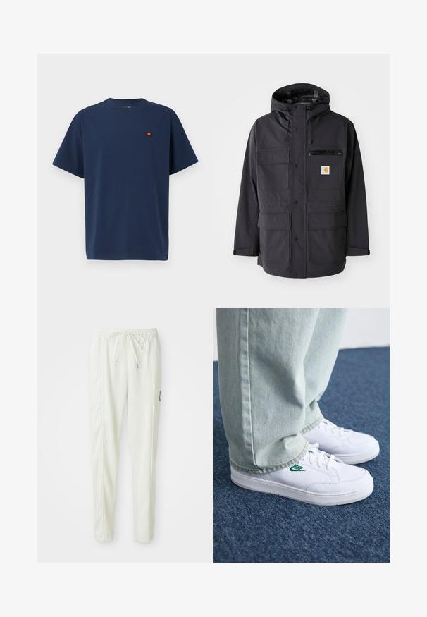 Mustmustaga kapuutsiga jakk, millel on sile kangas, mitu esipakki, lukuga rinnaehe ja logotäht.; Tumed sinine puuvilla T-särk lühikeste varrukatega, ümmarguse kaelusega ja vasakul rinnal väikese oranžist ja punasest tikitud logoga.; Valged kitsad jooksvapüksid elastse vöökoha ja paelaga, külgseamide detailide ja väikese musta plaastriga paremal jalal.; Valged nahast tennisetossud rohelise Nike logo ja ümarate varvastega, lamedate taldadega, koos helesiniste teksapükstega, esitatud sinisel vaibal.