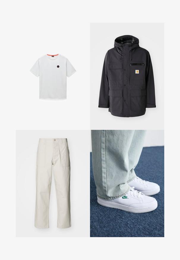 Schwarze Kapuzenjacke aus glattem Material, ausgestattet mit mehreren Vordertaschen, einer mit Reißverschluss versehenen Brusttasche und einem Logopatch.; Weißes Baumwoll-T-Shirt mit kurzen Ärmeln, einem Rundhalsausschnitt und einem schwarzen runden Logo mit roten Akzenten auf der Brust.; Helle beige weit geschnittene Hose aus Baumwolle. Verfügt über Fronttaschen und einen Knopfverschluss. Glatte Textur mit dezenten vertikalen Streifen.; Weiße Leder-Sneaker mit grünem Nike-Logo, runde Zehenpartie, flache Sohle, kombiniert mit hellblauen Jeans, präsentiert auf einem blauen Teppich.