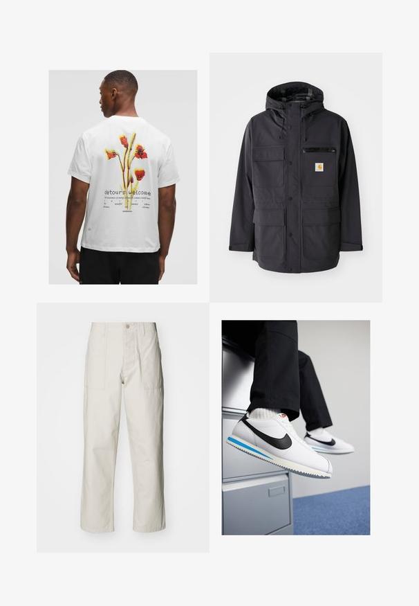 Musta hupullinen takki, jossa on sileä kangas, useita etutaskuja, vetoketjullinen rintatasku ja logopatch.; Valkoinen puuvillainen T-paita, jossa on kukkakuva punaisena, keltaisena ja vihreänä takana. Paidan tekstissä lukee 'detours welcome' ja siinä on brändin logo.; Harmaat vaaleat leveät housut, jotka on valmistettu puuvillasta. Varustettu etutaskuilla ja nappikiinnityksellä. Sujuva rakenne, jossa on hienovaraisia pystysuoria viivoja.; Valkoiset nahkakengät, joissa on musta Nike-logomerkki, vaaleansininen ja harmaa kumipohja sekä klassinen nauhakiinnitys. Jalat lepäävät asiakirjakaapilla.