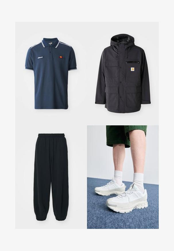 Černá kapucňová bunda s hladkým materiálem, která má několik předních kapes, kapsu na zip na hrudi a nášivku s logem.; Námořnická modrá polo košile vyrobená z měkké bavlny, s bílými pruhy na límci a rukávech a vyšitým logem na hrudi.; Černé teplákové kalhoty s elastickým pasem, volným střihem, manžetami na kotnících, hladkým povrchem a bez viditelných vzorů či kovových detailů.; Bílé sportovní boty s texturovanými překryvy, masivní podrážkou a šedými akcenty. Na nohou mají bílé ponožky a zelené šortky na modrém povrchu.