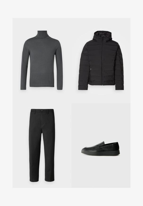 Sort polstret jakke med hætte, med vandrette syninger, frontlynlås og sidelommer. Glat tekstur, letvægtsdesign.; Mørkeblå, langærmet turtleneck sweater med tætsiddende manchetter og en glat, fin strik tekstur på en hvid baggrund.; Sort bukser med lige snit, lavet af glat stof. Har knaplukning og bæltestropper. Ingen synlige mønstre eller accenter.; Calvin Klein HYBRID CUP - Loafers - triple black