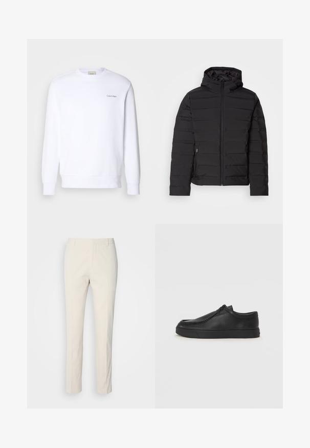Fekete párnázott dzseki kapucnival, vízszintes varrásokkal, elöl cipzárral és oldalsó zsebekkel. Simább textúrájú, könnyű kialakítás.; Fehér pulóver puha anyagból, kerek nyakkivágással, hosszú ujjakkal, és egy kis Calvin Klein logóval a bal mellen.; Krém színű, testhezálló nadrág, texturált anyagból. Egyenes szárú kialakítással, övhurkokkal és két elülső zsebből áll. Mintázat nélküli.; Fekete bőr slip-on cipő lekerekített orral, varrott részletekkel és fekete gumitalppal. Simaság és minimalista dizájn jellemzi.