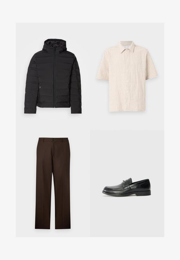 Giacca nera imbottita con cappuccio, con cuciture orizzontali, zip frontale e tasche laterali. Texture liscia, design leggero.; Camicetta a maniche corte di un leggero beige, con un motivo a griglia in morbido marrone, design con bottoni sul davanti e colletto classico. Texture del tessuto liscia.; Pantaloni marroni su misura con un design a gamba dritta, chiusura con bottone e una superficie del tessuto liscia. Nessun motivo o accento visibile.; Mocassini in pelle nera con punta arrotondata, caratterizzati da un design cucito, una piccola fascetta frontale con dettagli in metallo e una suola piatta in gomma.