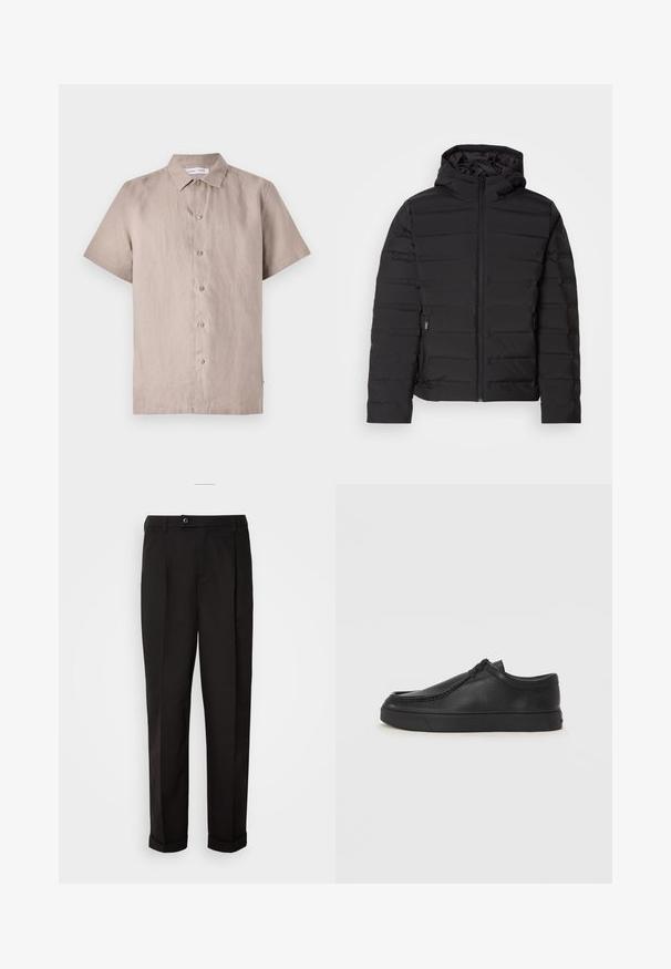 Svart fôret jakke med hette, med horisontale sømmer, frontglidelås og sidelommer. Glatt tekstur, lett design.; Kortermet, skjortestil skjorte i lys beige linestoff. Har spredt krage og frampanel med matchende knapper. Glatt tekstur.; Sorte bukser med en glat tekstur, der har lige snit, to forlommer og en enkelt knaplukning i taljen.; Sorte skinnsko uten snøring med rund tå, sydd detaljer og svart gummisåle. Glatt tekstur med minimalistisk design.