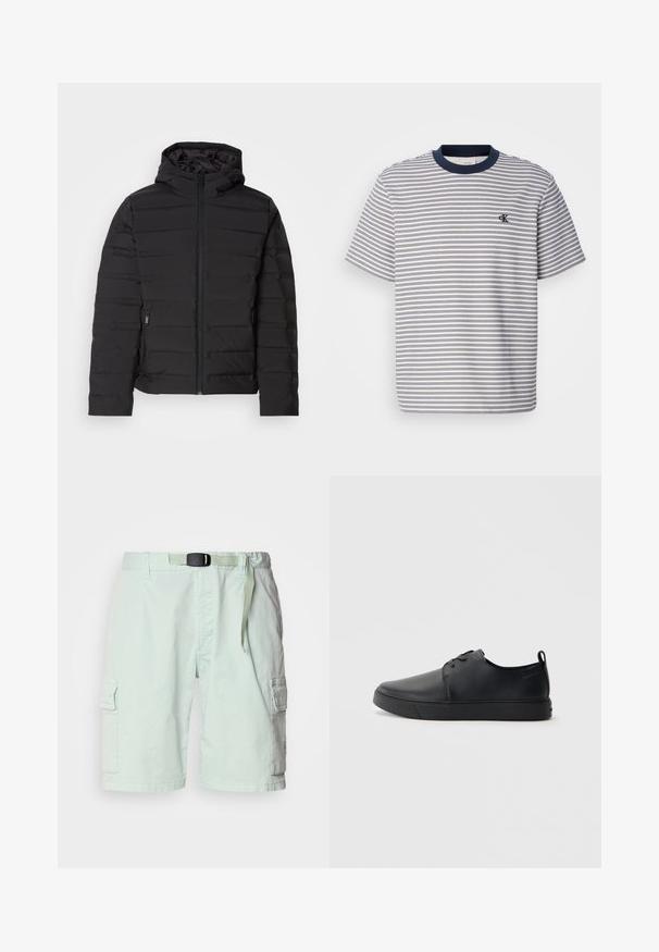 Casaco acolchoado preto com capuz, apresentando costuras horizontais, fecho de correr na frente e bolsos laterais. Textura suave, design leve.; T-shirt de algodão riscado com gola e punhos azul-marinho, apresentando riscas horizontais azuis e brancas; pequeno logo bordado no peito.; Calças cargo verde claro feitas de um tecido leve, com um cinto, bolsos laterais e um corte relaxado.; Sapatilha de couro preta com um acabamento liso, bico arredondado, costura ton sur ton, frente com atacadores e sola plana de borracha. Alça no calcanhar.