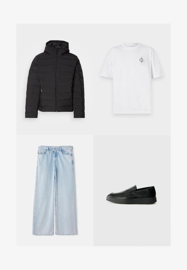 Zwarte gevoerde jack met capuchon, met horizontale naden, een ritssluiting aan de voorkant en zijzakken. Glad textuur, lichtgewicht ontwerp.; Witte katoenen t-shirt met een ontspannen pasvorm, voorzien van een klein zwart graphic logo op de linkerkant van de borst. Korte mouwen, ronde hals.; Lichtblauwe spijkerbroek met wijde pijpen en een klassiek vijf-pocketontwerp, voorzien van een standaard tailleband en een onafgewerkte zoom. Zachte denimtextuur met lichte vervaging.; Calvin Klein HYBRID CUP - Instappers - triple black