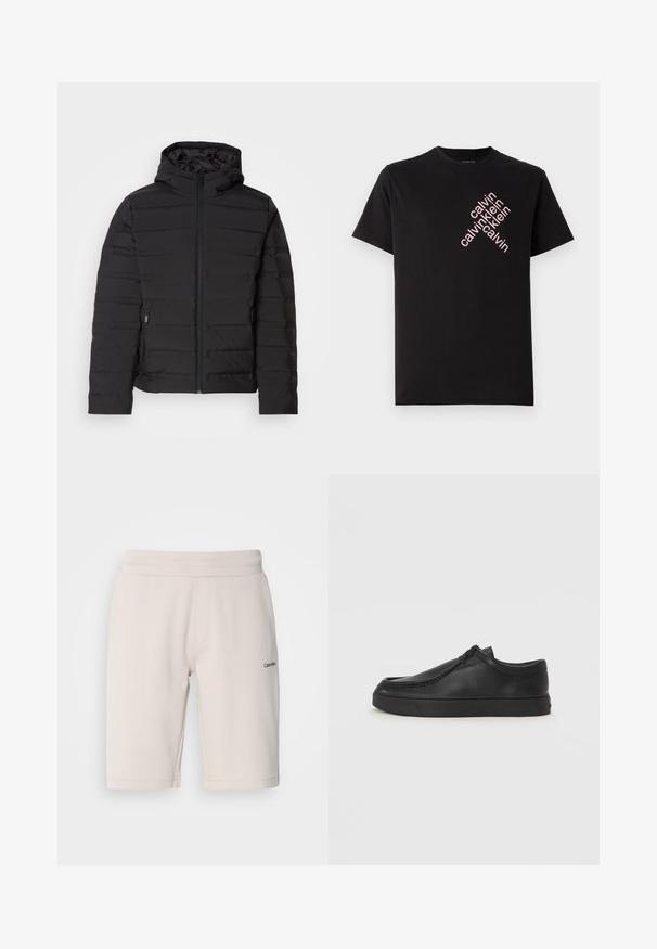 Giacca nera imbottita con cappuccio, con cuciture orizzontali, zip frontale e tasche laterali. Texture liscia, design leggero.; T-shirt in cotone nero con stampa diagonale del logo "calvin klein" in rosa sul davanti. Maniche corte e scollo rotondo.; Shorts in cotone misto di un delicato beige chiaro, con cintura elastica, tasche laterali e piccolo logo nero su una gamba.; Scarpa slip-on in pelle nera con punta arrotondata, dettagli cuciti e suola in gomma nera. Texture liscia con design minimalista.