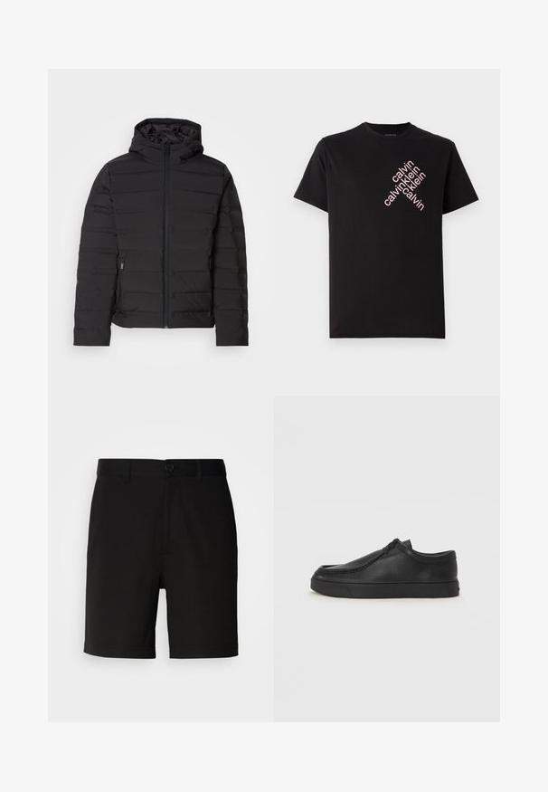 Fekete párnázott dzseki kapucnival, vízszintes varrásokkal, elöl cipzárral és oldalsó zsebekkel. Simább textúrájú, könnyű kialakítás.; Fekete pamut póló, amelynek elülső részén egy átlós rózsaszín "calvin klein" logónyomtatás található. Rövid ujjú és kerek nyakkivágású.; Fekete, sima anyagból készült nadrág, egy gombos záródással és övhurkokkal, egyenes szárvégekkel és látható minták nélkül.; Fekete bőr slip-on cipő lekerekített orral, varrott részletekkel és fekete gumitalppal. Simaság és minimalista dizájn jellemzi.