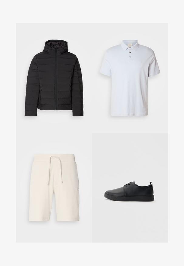 Črna podložena jakna s kapuco, z vodoravnimi šivi, sprednjim zadrgo in stranskimi žepi. Gladka textura, lahka zasnova.; Svetlo modra polo majica iz bombaža, s tremi gumbi na zanki, z zavihanjem ovratnikom, kratkimi rokavi in majhnim logotipom na prsih.; Bela, teksturirana kratka hlače iz rebraste tkanine, s elastičnim pasom in vrvico ter stranskimi žepi. Diskretno logo na nogi.; Črne usnjene športne čevlje z gladko površino, okroglo oblikovano nosilo, toniranim šivanjem, vezanjem spredaj in ravnim gumijastim podplatom. Zanko na peti.