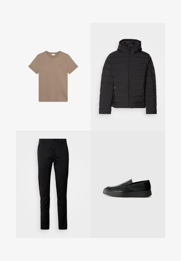 Melns padu lietussargs ar kapuci, ar horizontālām šuvēm, priekšējo rāvējslēdzēju un sānu kabatām. Gluda tekstūra, viegls dizains.; Brūna kokvilnas T-kreklu ar apaļu kaklu, īsām piedurknēm un mazu sarkanu "II" logotipu uz krūtīm. Vienkāršs dizains un gluda tekstūra.; Melni bikses ar šauru piegriezumu, izgatavotas no gludas auduma. Aprīkotas ar jostu un pogu aizdari, kā arī taisnas kājas.; Calvin Klein HYBRID CUP - Čības - triple black