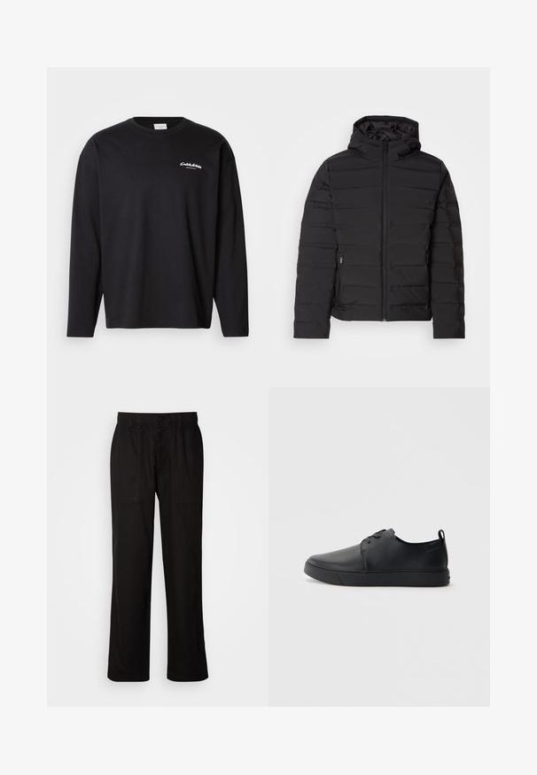 Black padded jacket with a hood, featuring horizontal seams, front zipper, and side pockets. Smooth texture, lightweight design.; Black long-sleeve t-shirt made from cotton with a crew neck. Features white logo on the left chest and a relaxed fit. Smooth texture.; Black pants with a relaxed fit, made from lightweight fabric. Features an elastic waistband, button closure, and two front pockets.; Black leather sneaker with a smooth finish, rounded toe, tonal stitching, lace-up front, and a flat rubber sole. Loop at the heel.