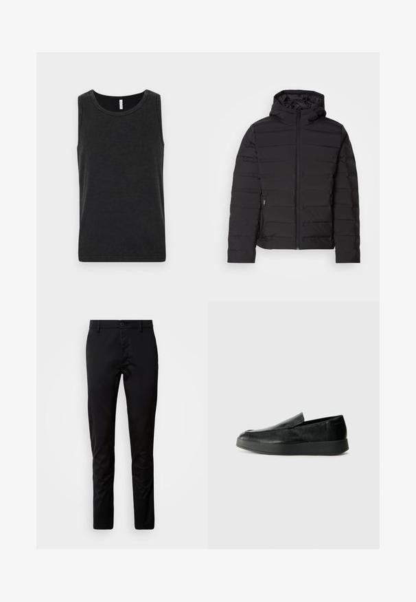 Czarna pikowana kurtka z kapturem, z poziomymi szwami, przednim zamkiem błyskawicznym i bocznymi kieszeniami. Gładka tekstura, lekka konstrukcja.; Czarny bawełniany top na ramiączkach z okrągłym dekoltem, bez rękawów i gładką fakturą. Posiada prosty i klasyczny krój.; Czarne spodnie o slim fit, wykonane z gładkiego materiału. Posiadają pas z zapięciem na guzik oraz proste nogawki.; Calvin Klein HYBRID CUP czarny