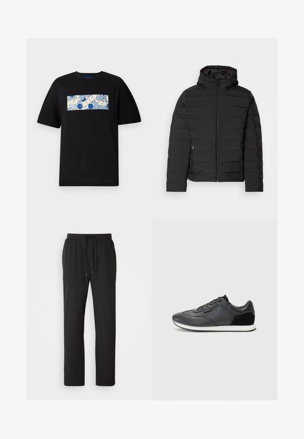 Melns padu lietussargs ar kapuci, ar horizontālām šuvēm, priekšējo rāvējslēdzēju un sānu kabatām. Gluda tekstūra, viegls dizains.; Melna kokvilnas t-krekls ar taisnstūra grafiku zilos un krēma toņos, kas rotāts ar aploka rakstiem un zīmējumiem, paredzēts brīvai piegrieztei.; Melnas sporta bikses, kas izgatavotas no viegla auduma, ar elastīgu jostasvietu un regulējamiem aukliņām, kā arī sānu kabatām. Gluda tekstūra.; Melni sporta kurpju zābaki, kas izgatavoti ar ādas augšdaļu, ar perforētu dizainu, zamšādas akcentiem un baltu gumijas zoli. Klasiska auklu pievēršana.