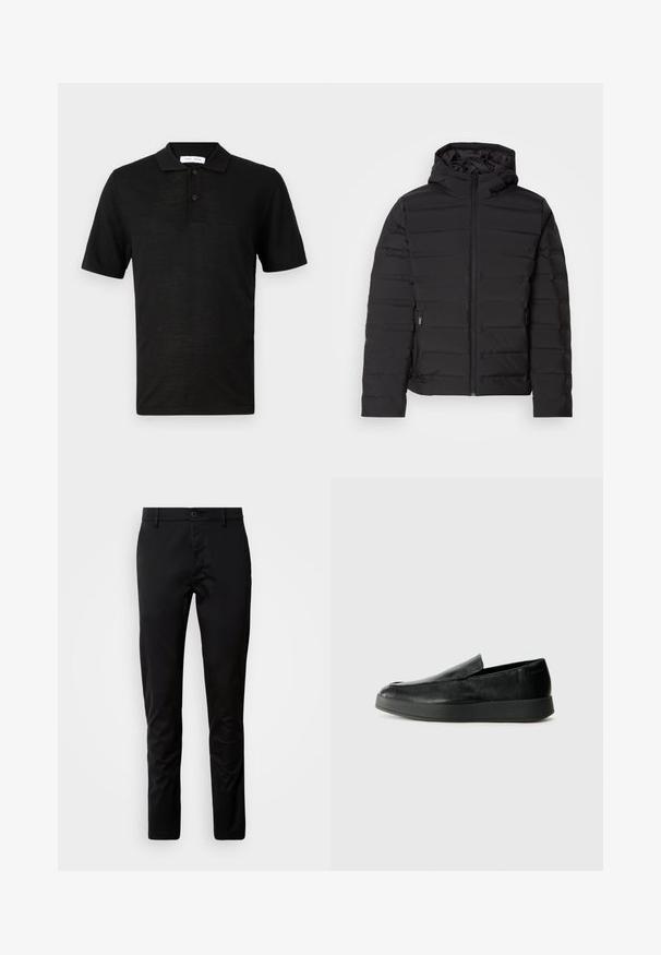 Must värvitud pehme voodriga jope kapuutsiga, horisontaalsete õmblustega, esise paela ja küljetaskutega. Sile tekstuur, kerge disain.; Samsøe Samsøe ROWAN - Polosärk - black; Mustad mustriga püksid, mis on valmistatud siledast kangast. Omab vööd nupuga ja sirge lõikega sääri.; Calvin Klein HYBRID CUP - Jalga libistatavad jalanõud - triple black