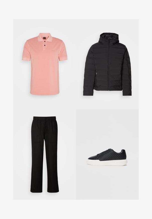 Juodas paminkštintas švarkas su gaubtu, su horizontaliomis siūlėmis, priekyje užtrauktuku ir šoninėmis kišenėmis. Glotni tekstūra, lengvas dizainas.; Polo marškiniai iš minkšto rožinio audinio, turintys klasikinį apykaklę, tris mygtukus, trumpas rankoves ir subtilų prekę.; Juodos kelnės su laisvu siluetu, pagamintos iš lengvos medžiagos. Yra elastingas juosmuo, mygtuko užsegimas ir dvi priekinės kišenės.; Juodi sportbačiai su geometriniu raštu šone, lygiu priekiu ir baltu guminio pado. Yra apvalios raišteliai ir žemas dizainas.