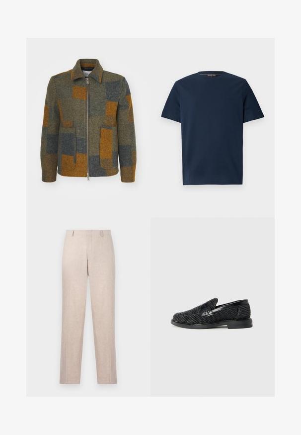 Fleažs jaka mutā zaļā krāsā ar oranžiem un zilajiem ģeometriskajiem apšuvumiem, ar apkakli, priekšējo rāvējslēdzēju un divām sānu kabatām.; Jūras zila īsām piedurknēm T-krekls, izgatavots no gludas kokvilnas, ar apaļu kaklu un mazu reljefu logotipu kreisajā krūtī.; Gai beidzēti šorti, izgatavoti no teksturēta auduma. Taisna kāju dizains ar divām priekšējām kabatām un plakanu priekšu. Nav redzamu aksesuāru.; Melnas austas slaidu kurpes ar gludu ādas akcentu augšpusē, apaļas formas purngalu un zemas profila gumijas zoli.