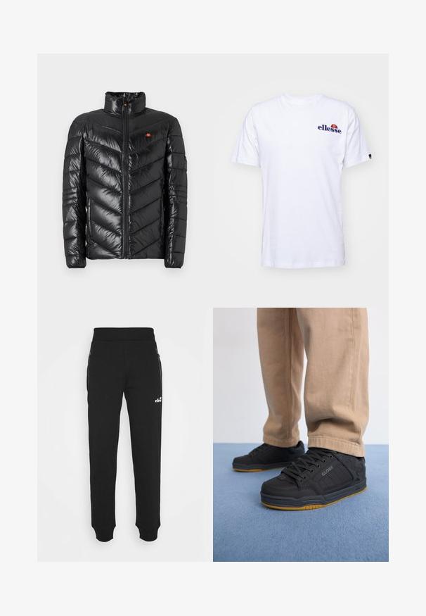 Schwarze Steppjacke mit hohem Kragen, gestepptem Chevron-Muster, Frontreißverschluss und kleinem Logo-Akzent auf der Brust. Glatte, glänzende Textur.; Weißes Baumwoll-T-Shirt mit kurzen Ärmeln, das ein marineblaues gesticktes Logo auf der linken Brust und einen lebhaften Farbakzent über dem Logo präsentiert.; Schwarze Sweatpants aus weichem Material verfügen über einen taillierten Beinschnitt, einen elastischen Bund, seitliche Taschen mit Reißverschlüssen und eine kleine Logo-Akzentuierung.; Schwarze Skaterschuhe mit strukturiertem Synthetik-Obermaterial, gepolsterter Sohle, grauen Schnürsenkeln und Gummi-Außensohle. Getragen mit hellbeigen Hosen.