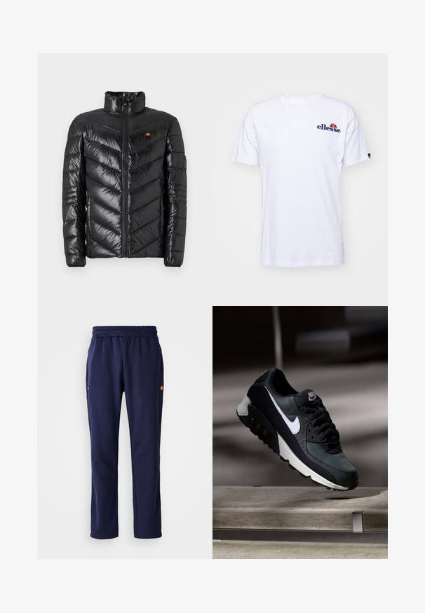Chaqueta acolchada negra con cuello alto, patrón de chevron acolchado, cremallera frontal y pequeño detalle de logo en el pecho. Textura lisa y brillante.; Camiseta de algodón blanca de mangas cortas, con un logo bordado en azul marino en el lado izquierdo del pecho y un acento de color vibrante por encima del logo.; Pantalones de chándal en color azul marino con una cintura elástica, bolsillos laterales y un pequeño detalle del logo en el bolsillo izquierdo. Fabricados con una tela suave y lisa.; Zapatilla negra y verde con una parte superior de malla con diseño, logotipo Swoosh blanco, cuello acolchado y una unidad de amortiguación de aire visible en la suela.