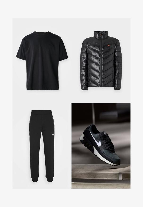 Black puffer jacket with a high collar, quilted chevron pattern, front zipper, and small logo accent on the chest. Smooth, shiny texture.; Black crew neck t-shirt made from cotton. Short sleeves, standard fit, no visible patterns, minimalistic design with a subtle logo detail.; Black sweatpants made of soft fabric feature a tapered leg design, elastic waistband, side pockets with zippers, and a small logo accent.; Black and green sneaker with a patterned mesh upper, white swoosh logo, padded collar, and a visible air cushioning unit in the sole.