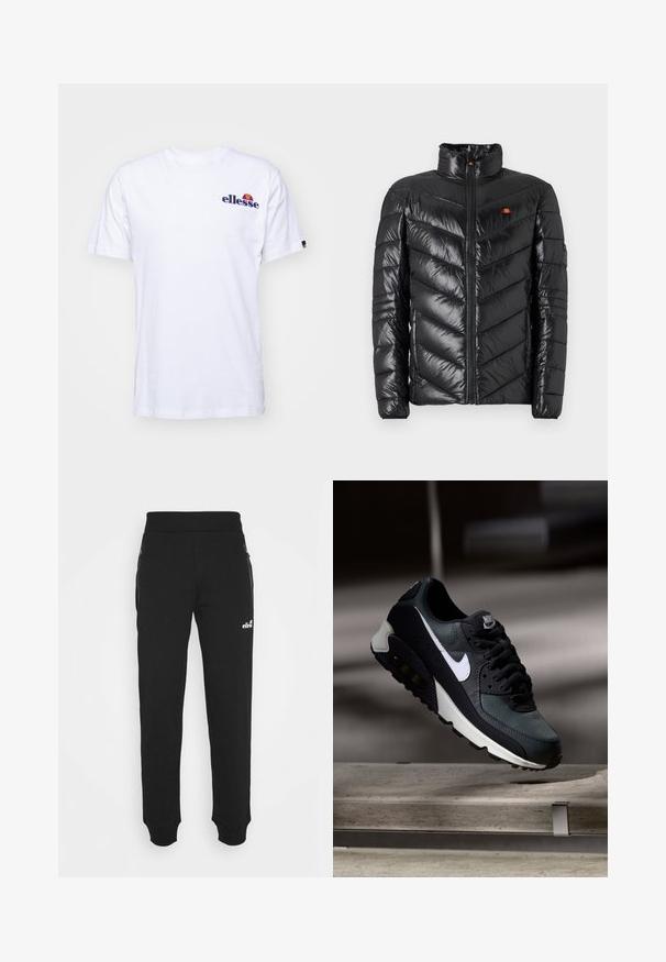 Jaqueta corta-vento preta com gola alta, padrão acolchoado em chevron, fecho de correr frontal e pequeno logótipo no peito. Textura lisa e brilhante.; Camiseta de algodão branca com mangas curtas, apresentando um logótipo bordado azul-marinho no lado esquerdo do peito e um toque de cor vibrante acima do logótipo.; Calças de treino pretas, feitas de um tecido suave, apresentam um design de perna afunilada, cintura elástica, pockets laterais com fechos éclair, e um pequeno logótipo como detalhe.; Sapatilhas pretas e verdes com um upper de malha padrão, logotipo swoosh branco, colarinho almofadado e uma unidade de amortecimento de ar visível na sola.