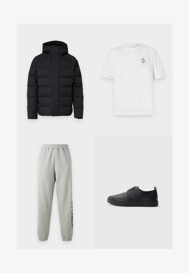 Geacă puffer neagră cu glugă, cu un design matlasat, închidere cu fermoar în față și manșete elastice. Textură netedă, ajustare compactă.; Tricou alb din bumbac cu o croială lejeră, având un mic logo grafic negru în zona stângă a pieptului. Mâneci scurte, stil guler rotund.; Pantaloni de trening gri, fabricați dintr-un amestec moale de bumbac, cu talie elastică și mansete, având un detaliu cu text imprimat pe lateral.; Sneakers din piele neagră cu un finisaj neted, vârf rotund, cusături tonale, șireturi în față și o talpă plată din cauciuc. Buclă la călcâi.