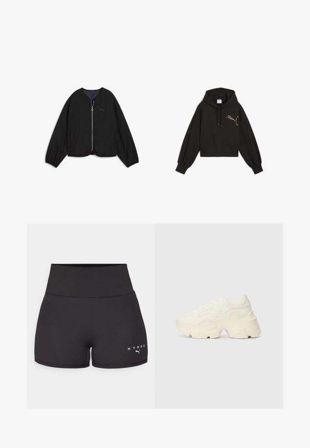 Black bomber jacket with a zip closure, round neckline, and drop shoulder sleeves. Features a textured fabric and a small logo on the chest.; Black cropped hoodie in soft fabric, featuring a leopard print Puma logo on the chest, drawstring hood, and balloon sleeves.; Black athletic shorts made of stretchy fabric. High waist design with white "HYROX" text and logo at the lower left. Smooth texture.; Chunky white sneakers made of textured mesh and synthetic materials, featuring a thick sole and intricate pattern details along the sides.