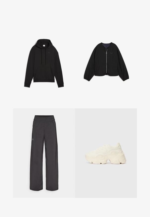 Svart bomberjacka med dragkedja, rund halsringning och sänkt axelsöm. Har ett texturerat tyg och en liten logotyp på bröstet.; Svart huvtröja i mjukt material, med en känguruficka, dragsko i huvan och en liten logotyp på bröstet.; Svarta träningsbyxor med en bred midja, sidofickor och plana sömmar. Har en liten logotyp på vänster ben. Tillverkade av mjukt, elastiskt tyg.; Tjocka vita sneakers gjorda av texturerat mesh och syntetiska material, med en tjock sula och intrikata mönsterdetaljer längs sidorna.