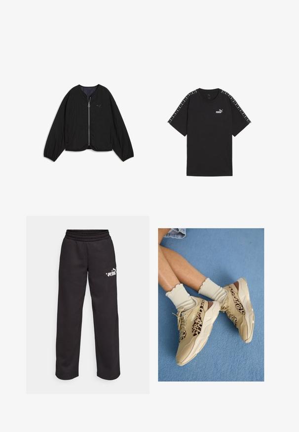 Melns bumbierjakas ar rāvējslēdzēju, apaļu apkakli un nolaižamām piedurknēm. Iespējām teksturēts audums un neliels logo uz krūtīm.; Melna īsām piedurknēm T-kreklu, kas izgatavots no kokvilnas. Uz krūtīm atrodas baltais Puma logo un rakstainas akcenti uz pleciem. Standarta piegriezums un apaļa kakla izgriezums.; Melnas sporta bikses, kas izgatavotas no mīkstas auduma, ar elastīgu jostu, taisnām kājām un baltu logos druku priekšpusē.; Sakrustotas kājas, valkājot bēša krāsas Puma sporta apavus ar leoparddrukas svītrām un volānu krēmkrāsas zeķes uz zilas paklāja grīdas.