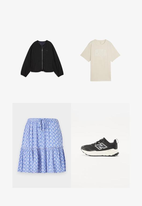 Čierna bomber bunda so zipsom, okrúhlym výstrihom a spustenými rukávmi. Má textúrovanú látku a malé logo na hrudi.; Béžové bavlnené tričko s voľným strihom, so bielym grafickým dizajnom, ktorý hovorí "PUMA sports club" a malým logom nad ním.; Modrá sukňa so vzorom a elastickým pásom, s tiered dizajnom a bielymi kvetinovými motívmi. Vyrobená z ľahkého materiálu s jemnou textúrou.; Čierne atletické topánky s textúrovaným textilným zvrškom, kontrastnou bielou medzipodošvou a výrazným šedým logom na boku. Gumová podrážka s dobrým gripom.