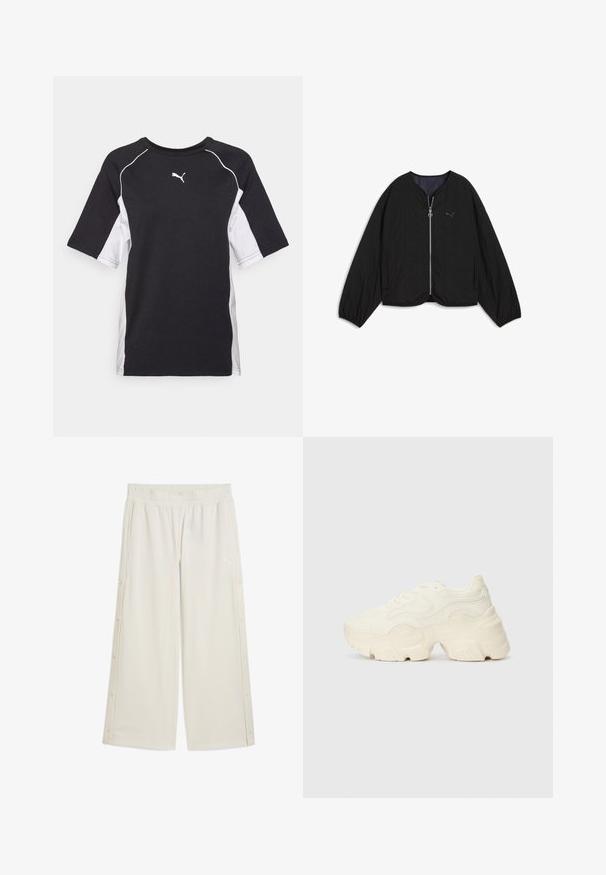 Jachetă bomber neagră cu închidere cu fermoar, gât rotund și mâneci căzute. Prezintă un material texturat și un logo mic pe piept.; Tricou scurt din bumbac alb-negru, cu guler rotund, mâneci raglan și un mic logo alb pe piept. Material din amestec de bumbac.; Pantaloni bej, cu picioare largi, bandă elastică la talie, închidere prin capse pe lateral și un mic logo în față. Confecționați dintr-un material neted și ușor.; Tenisi albi voluminoși, fabricați din plasă texturată și materiale sintetice, cu o talpă groasă și detalii de model intricate pe laturi.