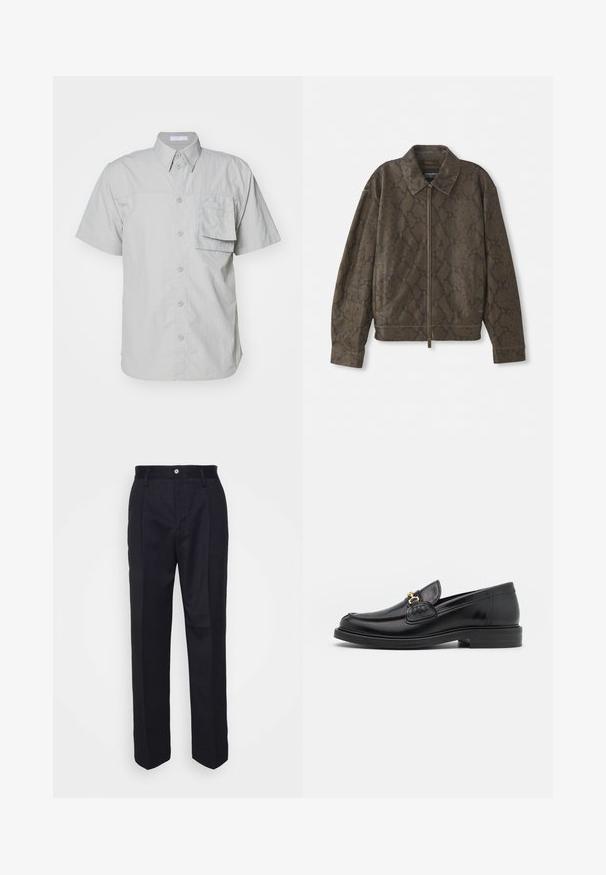 Brown snakeskin-patterned jacket with a zip front, collar, and side pockets. Made of soft material with a relaxed fit and textured surface.; Short-sleeve, light gray button-up shirt with a pocket; made from a textured fabric; features a classic collar and standard buttons.; Black tailored trousers with a straight-leg design, made of smooth fabric, featuring a front button closure and two side pockets.; Black leather loafers with a rounded toe, featuring gold hardware accent and stitching detail, set on a low, textured rubber sole.