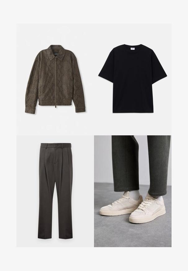 Giacca marrone con motivo a pelle di serpente, dotata di zip frontale, colletto e tasche laterali. Realizzata in materiale morbido con una vestibilità comoda e superficie testurizzata.; T-shirt oversize nera a maniche corte con scollatura rotonda e etichetta del marchio Filippa K visibile all'interno del colletto.; Pantaloni grigi scuri realizzati in tessuto testurizzato, con fronte piatto, pince, gambe dritte e passanti per cintura. Nessuna ferramenta o motivo visibile.; Sneakers beige in suede e mesh, con dettagli perforati, lacci piatti e suola spessa. Indossati con pantaloni in corduroy verdi.