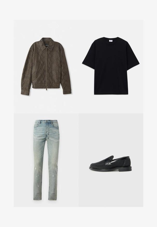 Μπράουν μπουφάν με σχέδιο από δέρμα φιδιού, με φερμουάρ μπροστά, γιακά και πλαϊνές τσέπες. Φτιαγμένο από απαλό υλικό με άνετη εφαρμογή και υφή στην επιφάνεια.; Μαύρο κοντομάνικο oversized T-shirt με στρογγυλή λαιμόκοψη και ορατή ετικέτα μάρκας Filippa K μέσα στον γιακά.; Ανοιχτό μπλε ψηλόμεσα τζιν σε στενή γραμμή. Διαθέτει ξεθωριασμένα σημεία και λεπτομέρειες με splatter σε όλη την επιφάνεια. Κατασκευασμένα από τζιν με αντίθετη ραφή.; Μαύρο πλεκτό παπούτσι slip-on με λείο δερμάτινο στοιχείο στο άνω μέρος, στρογγυλή μύτη και χαμηλό καουτσούκ πάτο.