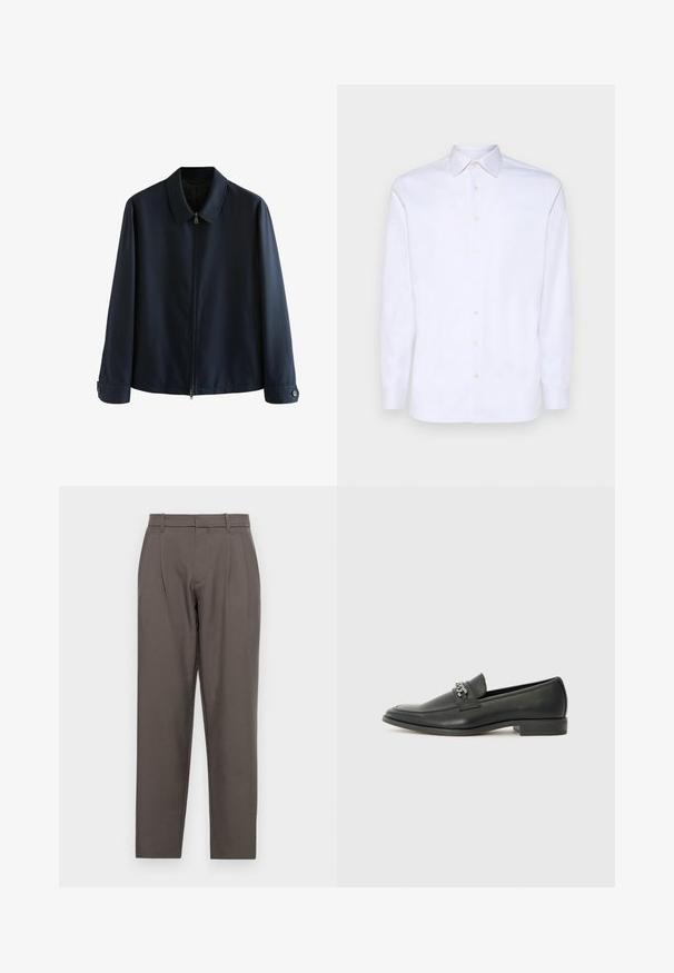Tamsiai mėlyna zip-up striukė su apykakle, pasižyminti tekstūruota medžiaga, ilgomis rankovėmis ir sagstomais rankogaliais, papuošta subtiliomis vertikaliomis juostelėmis.; Balta ilga rankovė, mygtukais užsegama marškiniai, pagaminti iš lygaus medvilnės audinio, su smailiu apykakle ir šešiais priekiniais mygtukais, taip pat standartinėmis rankovėmis.; Jack & Jones JPSTBILL JJDAYTONA WIDE - Kelnės - pavement; Juodos odinės loafer tipo bateliai su lygiu paviršiumi, turintys siuvinėtą dizainą ir dekoratyvų metalo grandinėlės akcentą ant batų viršaus. Plokščias kulnas.