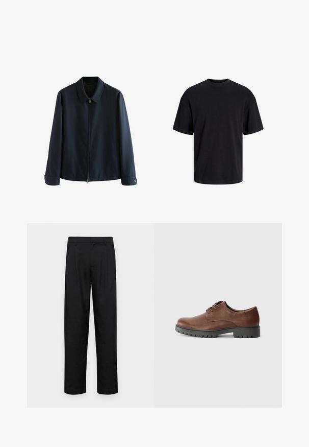 Giacca a zip blu navy con colletto, realizzata in un tessuto testurizzato, maniche lunghe e polsini con bottoni, decorata con sottili righe verticali.; T-shirt in cotone nero con collo rotondo, maniche corte e vestibilità morbida. Texture liscia senza pattern o dettagli visibili.; Pantaloni neri realizzati in tessuto liscio, caratterizzati da un taglio dritto, due pieghe frontali e una vita standard con passanti per la cintura.; Scarpa oxford in pelle marrone con una texture liscia, punta arrotondata e suola in gomma nera con un motivo di battistrada. Lacci attaccati nella parte frontale.
