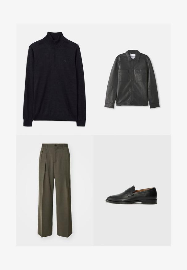 Zwarte leren jas met drukknoopsluiting, twee voortassen met kleppen, lange mouwen en een klassieke kraag, plat weergegeven.; Zwarte lange mouwtrui met geribbelde hoge kraag en halve rits, met een subtiele logo op de linkerborst.; Filippa K WIDE TROUSERS - Broek - driftwood; Zwarte leren instapper met een ronde neus, subtiele stikdetails en een lage hak, met een gladde textuur en een minimalistisch ontwerp.