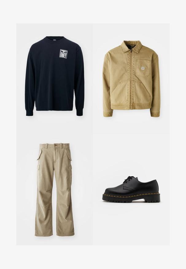 Casaco castanho com fecho de correr à frente, colarinho pontiagudo, bolso no peito e grandes bolsos laterais. Feito de um tecido resistente com detalhes de costura visíveis.; T-shirt de algodão preto de mangas longas com um gráfico quadrado branco com a palavra "OBEY" na parte esquerda do peito. Decote redondo e punhos justos.; Calças cargo bege feitas de um tecido durável, apresentando um corte relaxado, múltiplos bolsos laterais e joelhos reforçados. Design frontal liso.; Sapato de pele preta com atacadores, bico arredondado, sola de borracha texturizada e costura amarela à volta da base. Design plano e acabamento liso.