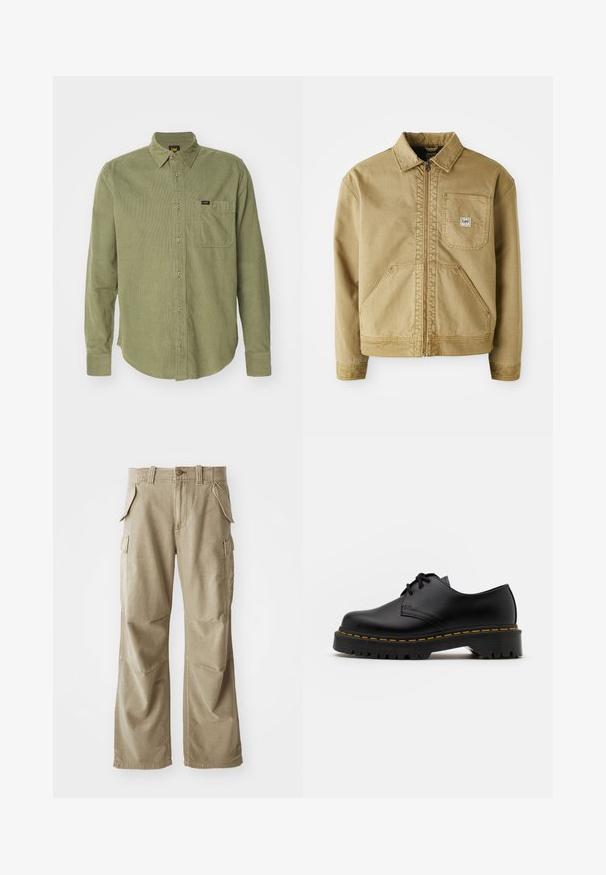 Ljusbrun jacka med dragkedja fram, spetsig krage, bröstficka och stora sidofickor. Tillverkad av slitstarkt tyg med synliga sömdetaljer.; Olivegrön kordflöjelsskjorta med långa ärmar, knäppning fram, spetsig krage, en bröstficka och varumärkesetikett på fickan.; Mörkgrå bomulls-T-shirt med rund hals, korta ärmar och en liten tryckt logotyp på vänster sida. Klassisk passform med rak nederkant.; Beiga cargobyxor tillverkade av hållbart tyg, med en avslappnad passform, flera sidfickor och förstärkta knän. Platt framdesign.; Svart läder snörsko med rundad tå, texturerad gummisula och gul söm runt basen. Platt design och slät yta.