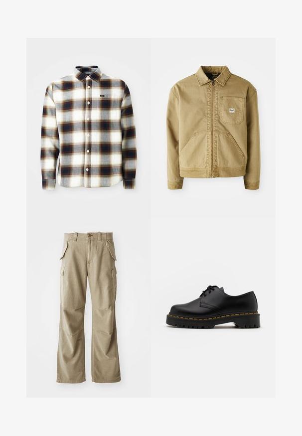 Rjava jakna z zadrgo spredaj, s koničastim ovratnikom, žepom na prsih in velikima stranskima žepoma. Narejena iz trdne tkanine z vidnimi šivi.; Srajca z dolgimi rokavi v karo vzoru v beli, sivi in rjavi barvi. Ima zapiranje na gumbe, klasičen ovratnik in majhen logotip blagovne znamke na prsih.; Bežna cargo hlače iz trpežne tkanine, z udobnim krojem, več stranskimi žepi in ojačanim kolenom. Ravna sprednja zasnova.; Črne usnjene čevlje z vezalkami in zaobljenim nosom, z gumijastim podplatom in rumenim šivom okoli osnove. Ravna zasnova in gladka površina.