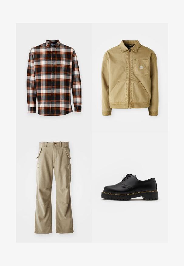 Ruda striukė su užtrauktuku, smailiu apykakle, krūtinės kišene ir didelėmis šoninėmis kišenėmis. Pagaminta iš tvirto audinio su matomomis siuvimo detalėmis.; Juodas ir pilkas languotas marškinys su oranžinėmis detalėmis, ilgomis rankovėmis ir mygtukų užsegimu. Yra krūtinės kišenė ir audinio tekstūra.; Smėlio spalvos cargo kelnės, pagamintos iš patvarios medžiagos, su laisvu siluetu, daugeliu šoninių kišenių ir sustiprintomis kelėnų vietomis. Lygus priekinis dizainas.; Juoda odinė lakuota avalynė su apvaliu pirštu, tekstūruota gumine padu ir geltona siūlelių apdaila aplink bazę. Lygus dizainas ir glotnus paviršius.