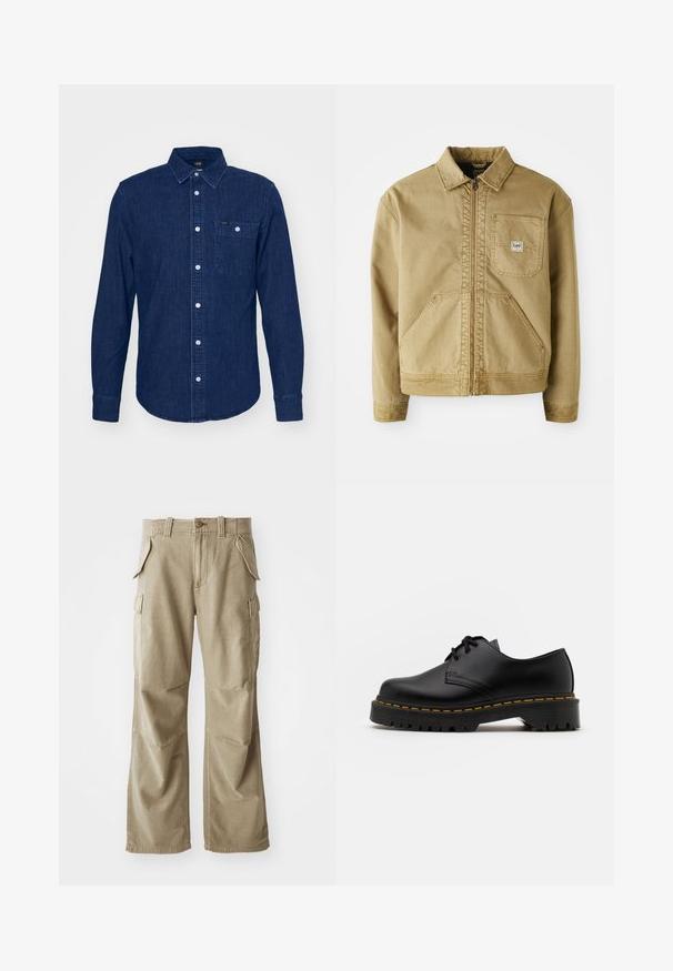 Beige Jacke mit Reißverschluss, spitzem Kragen, Brusttasche und großen seitlichen Taschen. Hergestellt aus robuster Stoff mit sichtbaren Nähten.; Lee LEESURE - Hemd - maple wash; Dunkelgraues Baumwoll-T-Shirt mit Rundhalsausschnitt, kurzen Ärmeln und einem kleinen aufgedruckten Logo auf der linken Seite. Klassische Passform mit geradem Saum.; Beige Cargo-Hose aus strapazierfähigem Material, mit lockerer Passform, mehreren Seitentaschen und verstärkten Knien. Flach geschnittenes Design.; Schwarze Leder Schnürschuhe mit runder Spitze, strukturiertem Gummisohle und gelben Nähten um den Rand. Flaches Design und glatte Oberfläche.