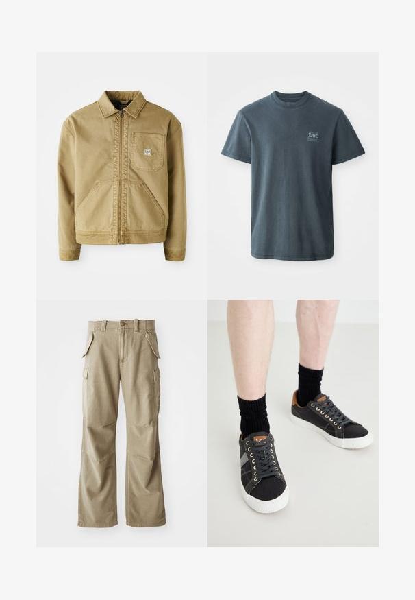 Καφέ ζ jacket με φερμουάρ μπροστά, μυτερό γιακά, τσέπη στο στήθος και μεγάλες πλευρικές τσέπες. Κατασκευασμένο από ανθεκτικό ύφασμα με ορατές ραφές.; Σκούρο γκρι βαμβακερό T-shirt με στρογγυλή λαιμόκοψη, κοντά μανίκια και μικρό εκτυπωμένο λογότυπο στην αριστερή πλευρά. Κλασική εφαρμογή με ίσια στρίφωμα.; Μπεζ cargo παντελόνι κατασκευασμένο από ανθεκτικό ύφασμα, με χαλαρή εφαρμογή, πολλές πλαϊνές τσέπες και ενισχυμένα γόνατα. Σχέδιο με επίπεδο μπροστινό μέρος.; Γκρι καμβά παπούτσια με λευκές καουτσούκ σόλες, μαύρες κορδόνες και καφέ δερμάτινες λεπτομέρειες στη φτέρνα, συνδυασμένα με μαύρες ριμπ κάλτσες.