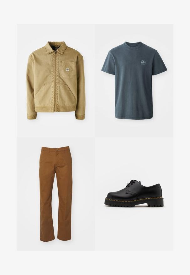 Tan jas met een ritssluiting aan de voorkant, spitse kraag, borstzak en grote zijzakken. Gemaakt van stevig materiaal met zichtbare stikseldetails.; Donkergrijze katoenen T-shirt met ronde hals, korte mouwen en een klein bedrukt logo aan de linkerkant. Klassieke pasvorm met rechte zoom.; Bruine katoenen chinos met een recht model. Voorzien van een knoop- en ritssluiting, riemlussen en twee zijzakken. Soepele structuur en minimale details.; Zwarte leren veterschoen met een ronde neus, getextureerde rubberen zool en gele stiksels rond de basis. Plat ontwerp en een gladde afwerking.
