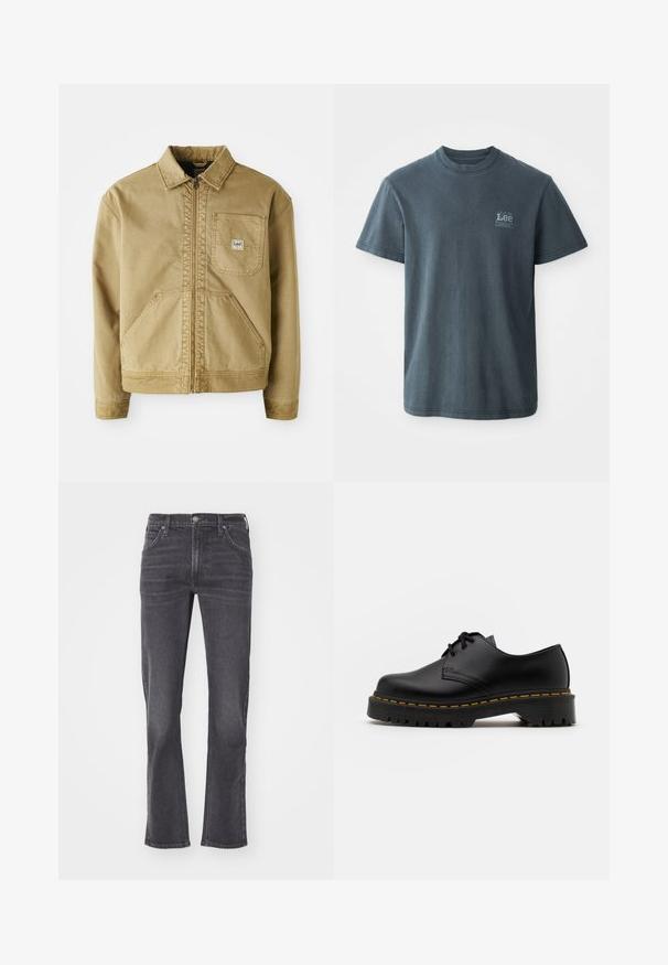 Kärtjakker, millel on lukuga ees, terav kaelus, rinnaeend, ja suured küljetaskud. Valmistatud tugevast kangast, millel on nähtavad õmbluse detailid.; Tumehallist puuvillast T-särgist, ümar kaelus, lühikesed varrukad ja väike trükitud logo vasakul küljel. Klassikaline lõige ja sirge serv.; Mustad denimist teksad sirge säärega lõikega. Omab viit taskut, metallsulgurit ning kergelt kulunud ilmet kangal.; Must musta lesti kingad ümarate varvastega, tekstureeritud kummitald ja kollane õmblus aluse ääres. Lame disain ja sile viimistlus.