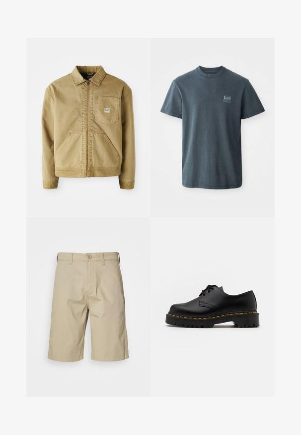 Tan jacket with a zip front, pointed collar, chest pocket, and large side pockets. Made of sturdy fabric with visible stitching details.; Dark gray cotton T-shirt with a crew neck, short sleeves, and a small printed logo on the left side. Classic fit with straight hem.; Beige cotton shorts with a straight cut, button closure, belt loops, and two side pockets. Smooth texture and knee-length design.; Black leather lace-up shoe with a rounded toe, textured rubber sole, and yellow stitching around the base. Flat design and smooth finish.