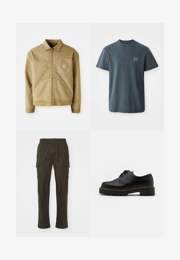 Hnedá bunda so zipsom vpredu, špicatým golierom, vreckom na hrudi a veľkými bočnými vreckami. Vyrobená z pevnej látky so zjavnými švovými detailmi.; Tmavohnedé bavlnené tričko s okrúhlym výstrihom, krátkymi rukávmi a malým potlačeným logom na ľavej strane. Klasický strih s rovnými okrajmi.; Tmavo olivové zelené cargo nohavice s elastickým pásom, štyrmi vreckami a rovnými nohavicami. Vyrobené z odolnej, ľahkej textílie.; Čierna kožená šnurovacia topánka s okrúhlou špičkou, štruktúrovanou gumovou podrážkou a žltým prešitím okolo základne. Plný dizajn a hladký povrch.