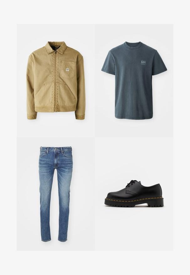 Beżowa kurtka z zamkiem z przodu, spiczastym kołnierzem, kieszenią na piersi oraz dużymi kieszeniami bocznymi. Wykonana z wytrzymałego materiału z widocznymi detalami szwów.; Czarnoszary t-shirt bawełniany z okrągłym dekoltem, krótkimi rękawami i małym nadrukowanym logo po lewej stronie. Klasyczny krój z prostym dołem.; Niebieskie dżinsy o wypłowiałym wyglądzie, prosty krój nogawek, z pięcioma kieszeniami i szlufkami na pasek; charakteryzują się klasycznym zapięciem na guzik i zamek błyskawiczny.; Czarne skórzane buty na sznurówki z zaokrąglonym noskiem, teksturowaną gumową podeszwą i żółtym przeszyciem wokół podstawy. Płaski design i gładkie wykończenie.