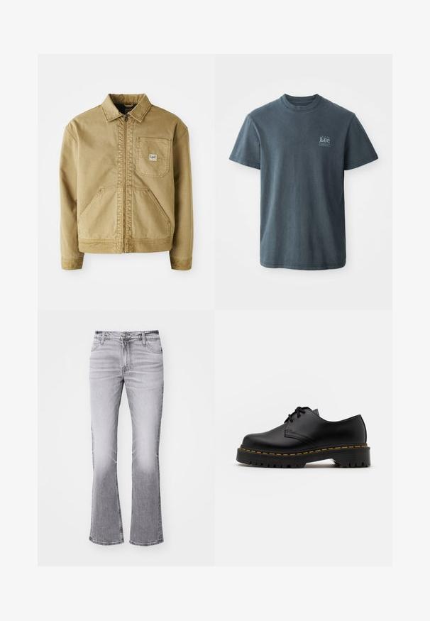 Jachetă bej cu fermoar în față, guler ascuțit, buzunar pe piept și buzunare laterale mari. Fabricată dintr-un material rezistent, cu detalii de cusătură vizibile.; Tricou din bumbac gri închis cu guler rotund, mâneci scurte și un mic logo imprimat pe partea stângă. Se potrivește clasic, cu tiv drept.; Jeanși din denim gri, evazați, cu un finisaj decolorat, design cu cinci buzunare, închidere cu nasture în față și detalii cusute de-a lungul cusăturilor.; Pantof black din piele, cu sireturi, cu vârf rotund, talpă din cauciuc texturat și cusături galbene în jurul bazei. Design plat și finisaj neted.