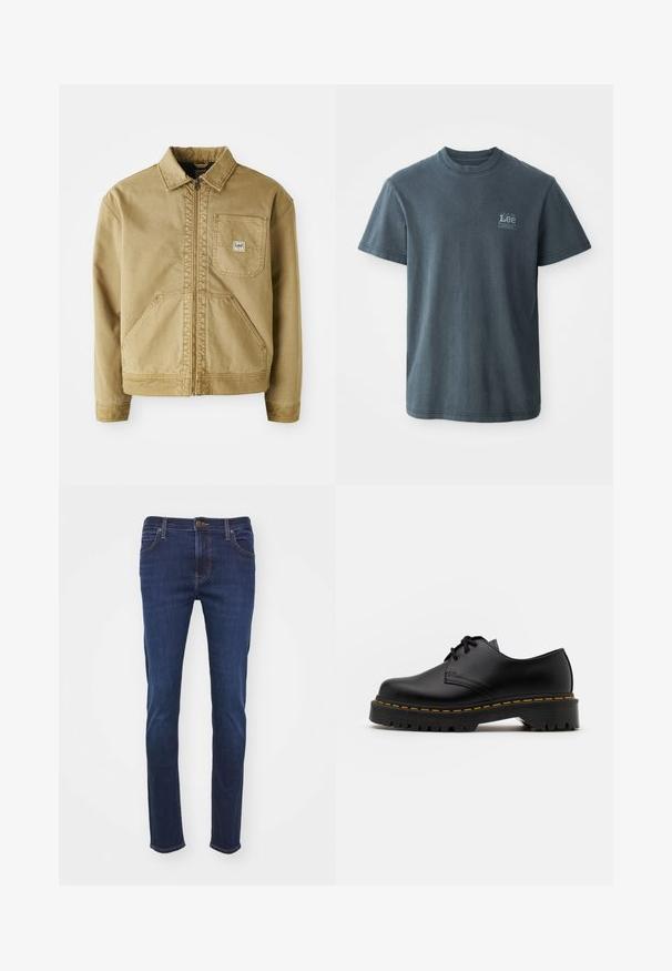 Casaco castanho com fecho de correr à frente, colarinho pontiagudo, bolso no peito e grandes bolsos laterais. Feito de um tecido resistente com detalhes de costura visíveis.; T-shirt de algodão cinza escuro com decote redondo, mangas curtas e um pequeno logótipo impresso no lado esquerdo. Corte clássico com bainha direta.; Jeans de denim azul escuro com um design de perna reta, apresentando bolsos standard, fecho de botão e detalhes em costura castanha.; Sapato de pele preta com atacadores, bico arredondado, sola de borracha texturizada e costura amarela à volta da base. Design plano e acabamento liso.